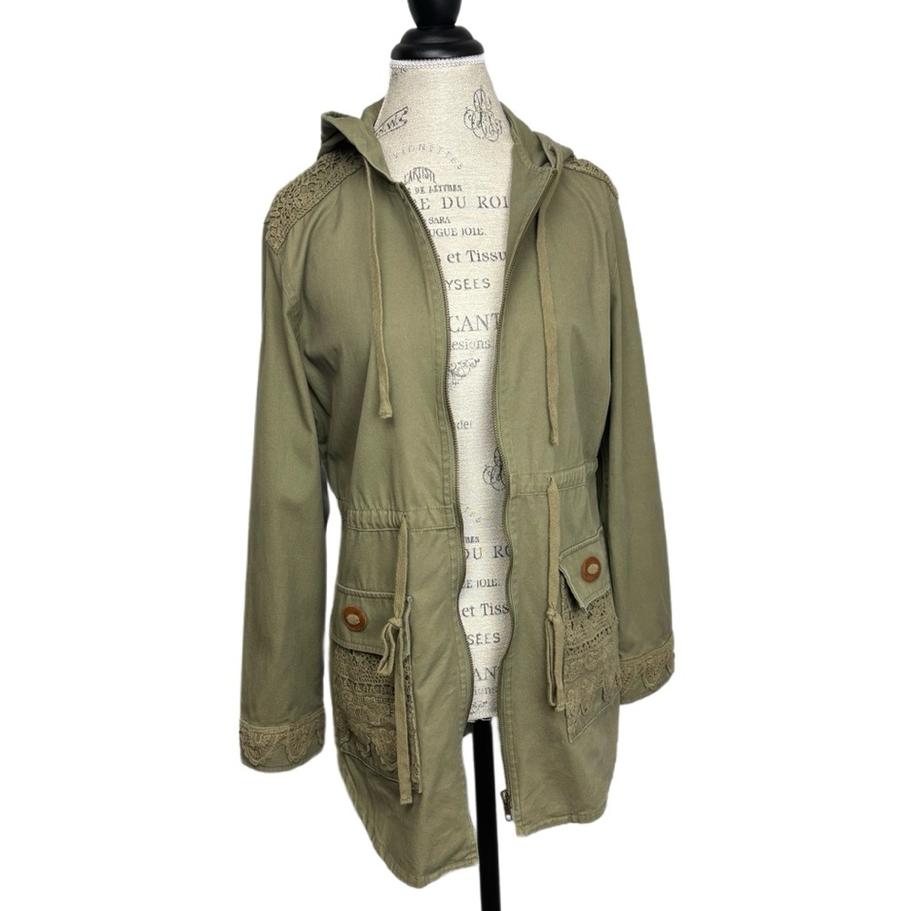 Sundance Olive Anorak Jacket Crochet Details hooded Medium